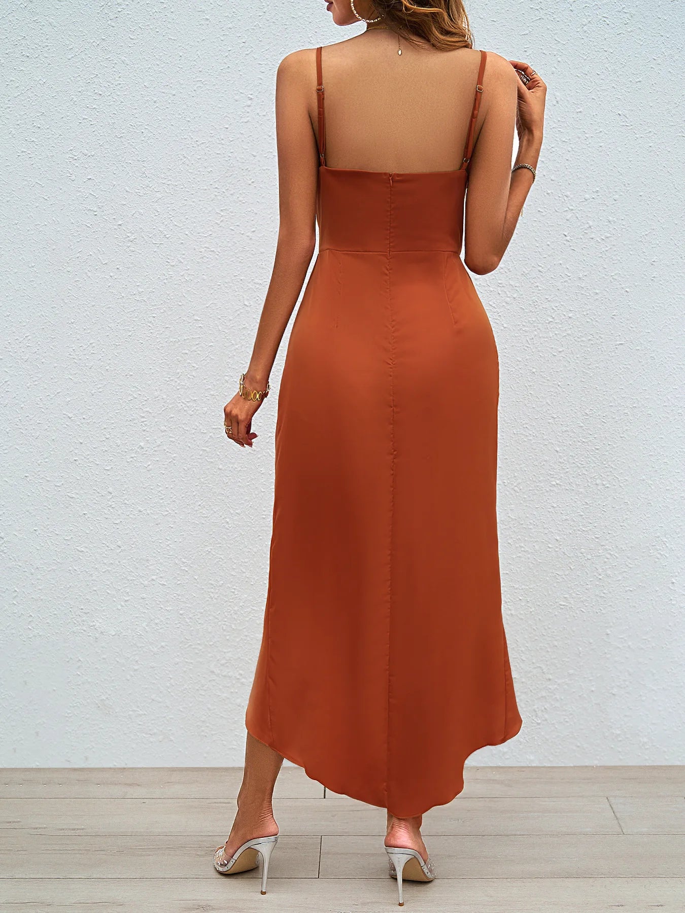 Women's Solid Color Suspenders Long Dress Sexy V-neck Backless Slim Waist Skirt 2024 Summer Beach Vacation Sling High Slit Dress