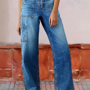 【HME】Women Stretch High-Waisted Baggy Cargo Jogger Jean Barrel Jeans for Women Trendy High Waisted Stretchy Boyfriend Cropped