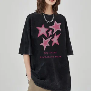 Pink Five-Pointed Star Print T-shirt Hip-Hop Style Round Neck Casual Short Sleeve Tops Women Vintage Streetwear Graphic Tees