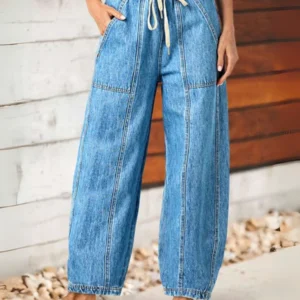 【HME】Women's barrel-shaped jeans, mid-rise belted straight-leg jeans, elastic stretch waist, loose wide legs, light and casual