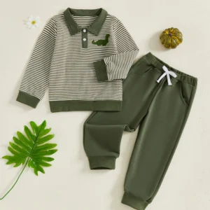 Kids Winter Outfit Set Dinosaur Embroidered Shirt with Striped Pullover and Elastic Waist Pants for Boys