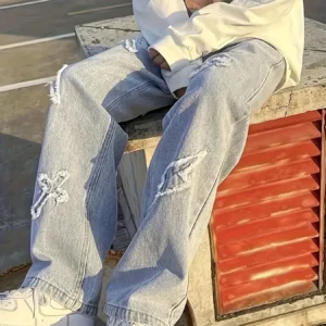 Men's jeans patch lightning jeans men's loose jeans worn-out jeans