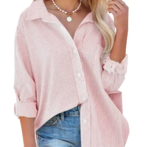 Women's Button Down Shirts 2025 Business Casual Striped Long Sleeve Blouse Spring Collared Office Work Tops