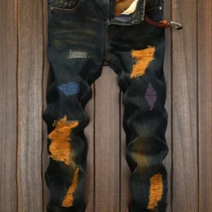 Men's Straight Fit Ripped Old Jeans With Patch Pants