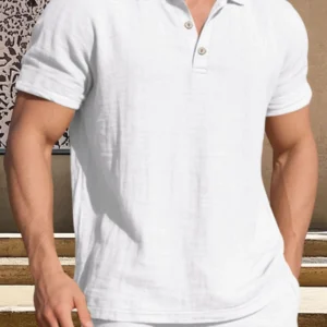 Men s Casual Short Sleeve Linen Shirt with Lapel Collar and Button Detail - Lightweight Summer Top for a Stylish Look