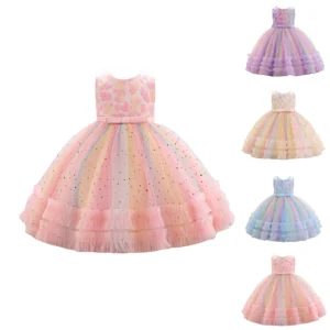 Summer Dress Kids Girls Clothes Cartoon Animal Mermaid Butterfly Rainbow Sleeveless Princess Pongee Dress