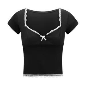 Women s Lace Trim Cropped Tops Short Sleeve Sweetheart Neck Mini Bow Front Sweet  T-Shirt