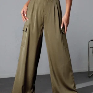 Casual High Waisted Pants for Women Loose Solid Color Versatile Wide Leg Pants with 4 Pockets Cargo Pants Army Green XXL