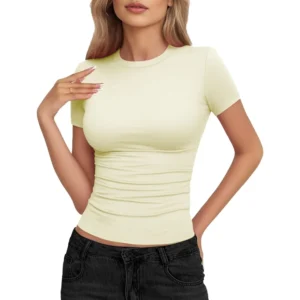 Womens Basic Short Sleeve Crew Neck T Shirt Slim Fit Tees Summer 2025 Y2k Going Out Fitted Top Cute Tight Shirts