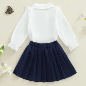 Girls Long Sleeve Shirt and Pleated Skirt Set Button-down Top with Matching Skirt 2-piece Outfit for Kids