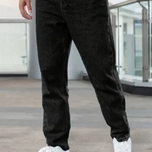 Men's Classic Black Washed Casual Jeans - Straight Leg Fit, Non-Stretch Denim, All-Season Wear, Comfortable & Stylish for Everyd