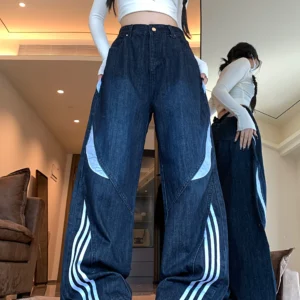 Side Striped Patch Design Jeans for Women Autumn New High Street Slimming Wide Leg Pants