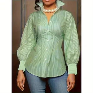 Striped Casual Waist-cinching Collar Shirt Top
