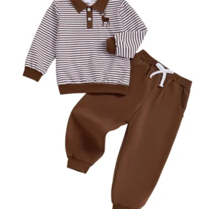Boys Winter 2Pcs Outfits Long Sleeve Lapel Reindeer Embroidery Plaid Tops Solid Color Trousers Sets Warm Clothing