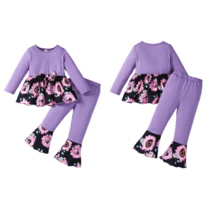 Girls Autumn Fashion Floral Print Round Neck Long Sleeve Top and Flared Pants 2-Piece Outfit Set for Kids