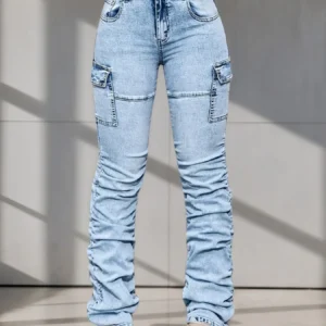 2025 New Women's High Waisted Elastic Multi Pocket Workwear Jeans, Street Fashion Casual Slim Fit Stacking Pants, Comfortable Fi