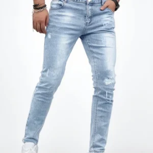 Men's Slim-Fit Distressed Stretch Jeans - Casual Street Style, Blue Seasonal Transition Style | Anti-Wrinkle & Breathable
