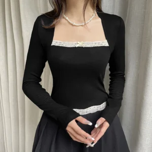 Women's Fashion Square Neck Tops Fake two Long Sleeve Spring Autumn Elegant Lace Trim Slim Fit T-shirt