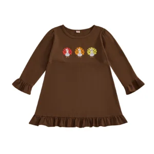 Girls Thanksgiving Dress Embroidered Turkey Long Sleeve Crew Neck Fall Dress for Kids Holiday Clothing