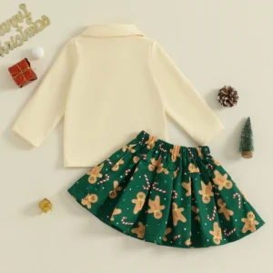 Girls Christmas Outfit with Lapel Long Sleeves Sweatshirt and Gingerbread Man Print Skirt - 2 Piece Set for Kids
