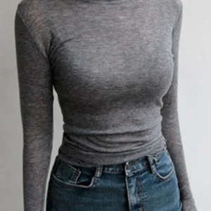 High Quality Plain T Shirt Women Cotton Elastic Basic T-shirts Female Casual Tops Long Sleeve Sexy Thin T-shirt see through