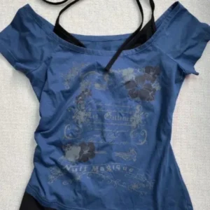 Vintage Fake Two Piece Halter Lace Up T-shirts Y2k Slim Fit Print Tops Women Off Shoulder Short Sleeve Tee Shirt