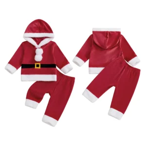 Kids Girls Boys Christmas Santa Claus Costume Long Sleeve Hooded Sweatshirt with Pants Outfit Cosplay Set for Holiday Party